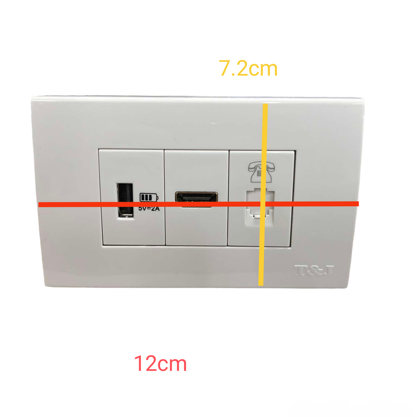 T&J telephone outlet with plate cover including USB and HDMI ports in white rectangular design