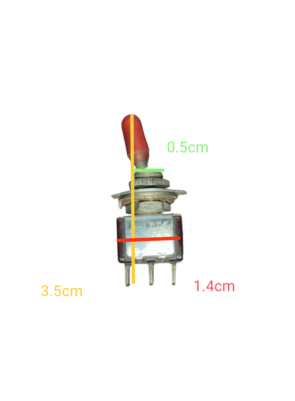 Toggle Switch 2A 250V On - Off - On with red lever and metal base showing measurements