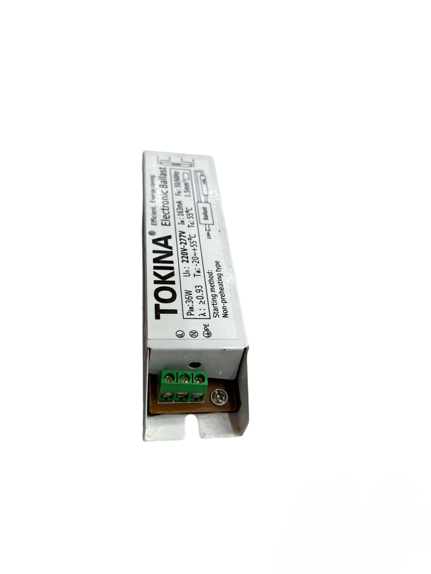 Tokina 1x36W Electronic Ballast 220V lighting installation accessory with white casing and green terminal block
