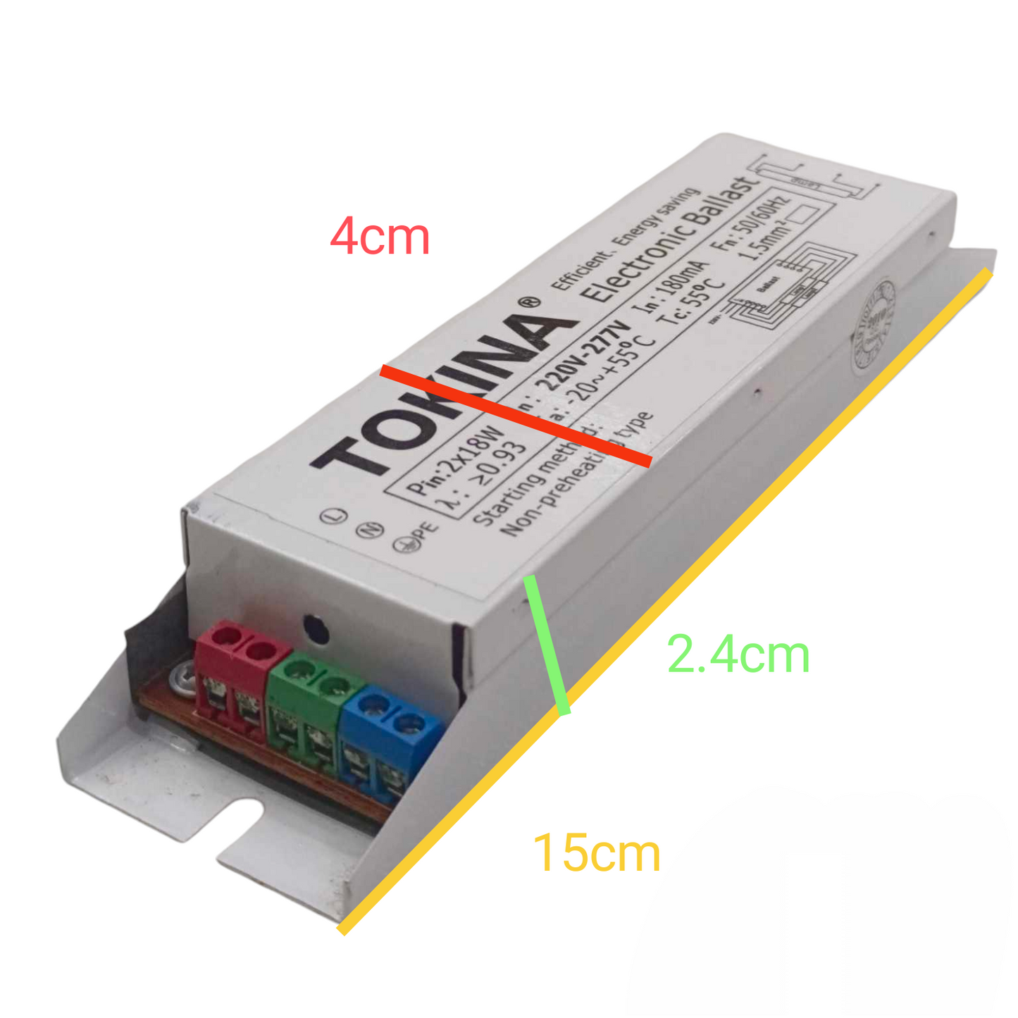 Tokina 2x18W electronic ballast for lighting installation with labeled wiring terminals and measurements