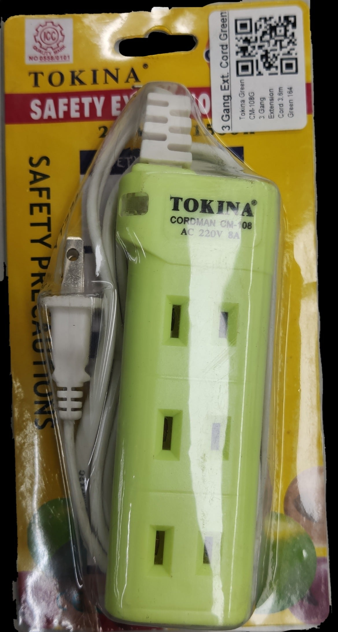 Tokina extension cord 3 gang green power strip with safety precautions on packaging