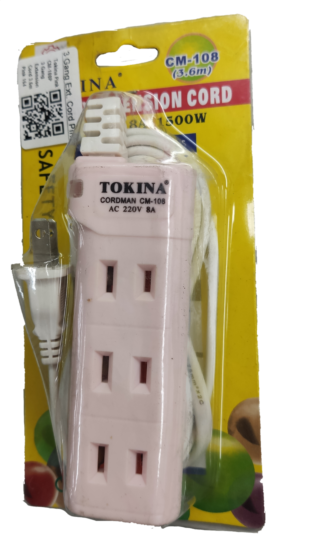 Tokina extension cord 3 gang power strip with three outlets and 3.6 meters cord length in packaging