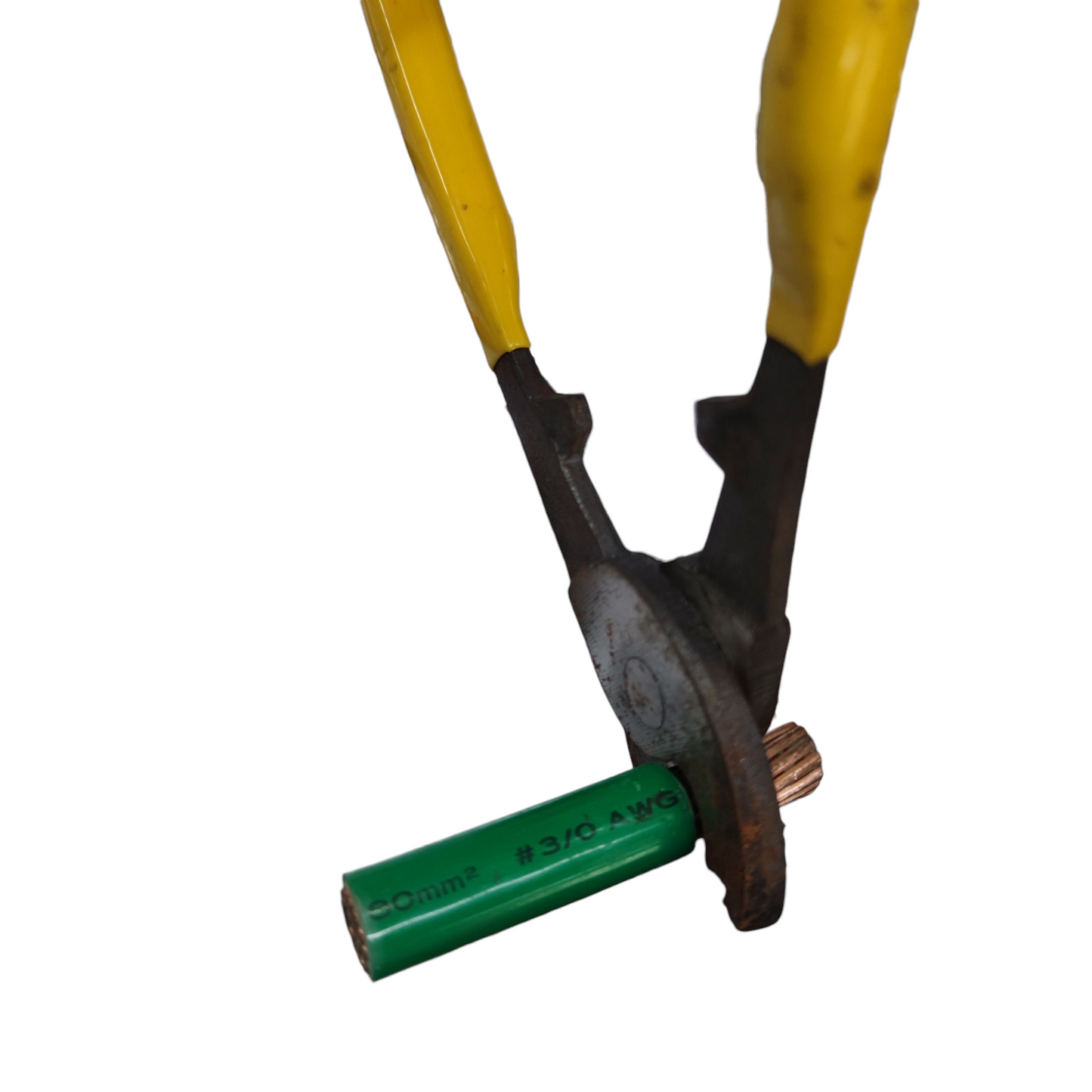10 inch cable cutter with yellow handles cutting a green insulated copper wire