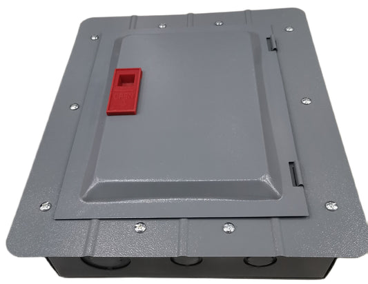 Gray 4x4 panel board TQL with red switch cover and metal screws for electrical circuitry parts