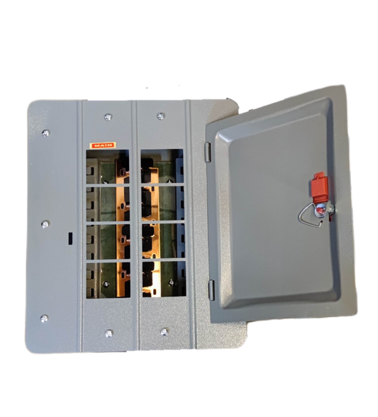 America 4x4 panel board TQL electrical circuit breaker box with open gray metal door