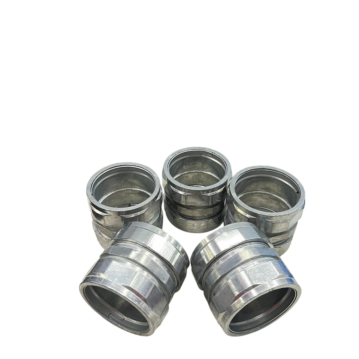 EMT Coupling Compression Type 50mm metal conduit connectors five pack on white background