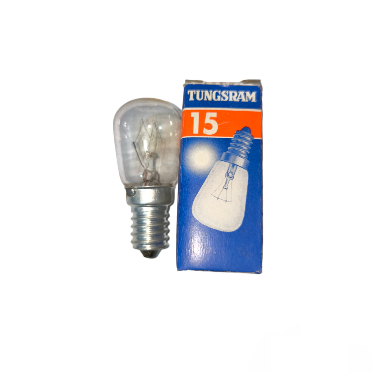 Tungsram 15W Pigmy Bulb E14 220V incandescent bulb with clear glass next to its blue and orange packaging box