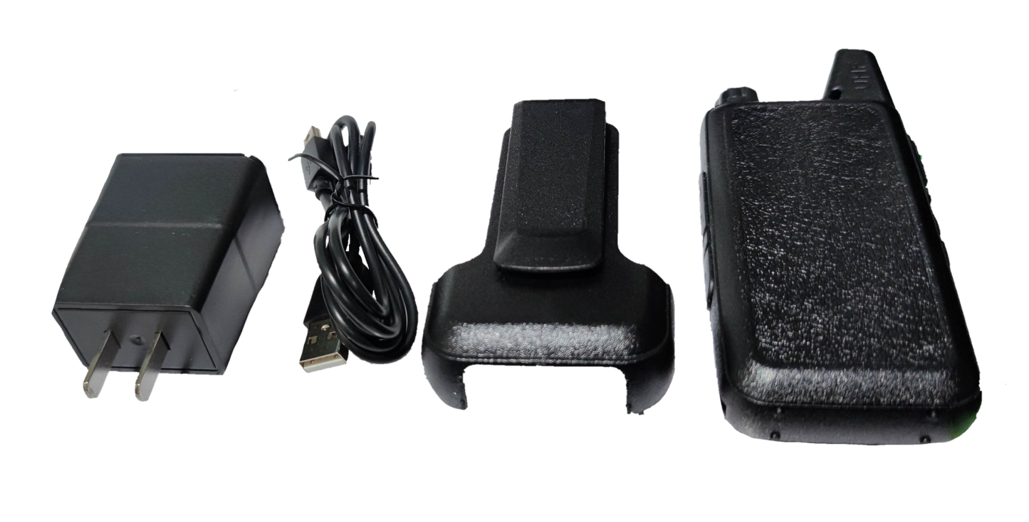 WLW Two-Way Radio 400-470Hz Black with charger, USB cable, and belt clip accessories