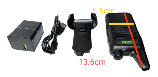 WLW Two-Way Radio 400-470Hz Black with charging dock, USB cable, and power adapter shown on black background