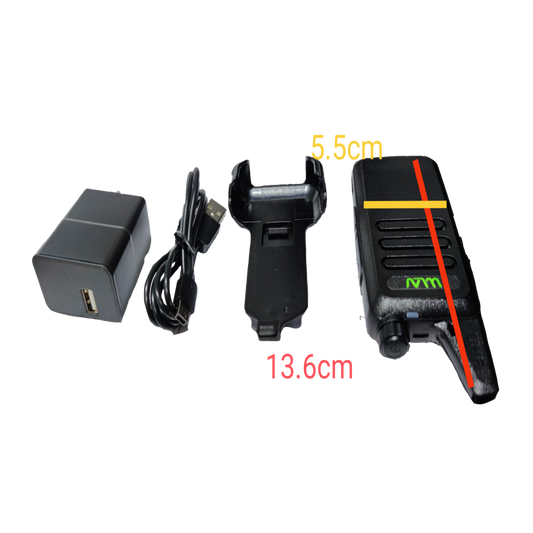 WLW Two-Way Radio 400-470Hz Black with charging dock, USB cable, and power adapter shown on black background