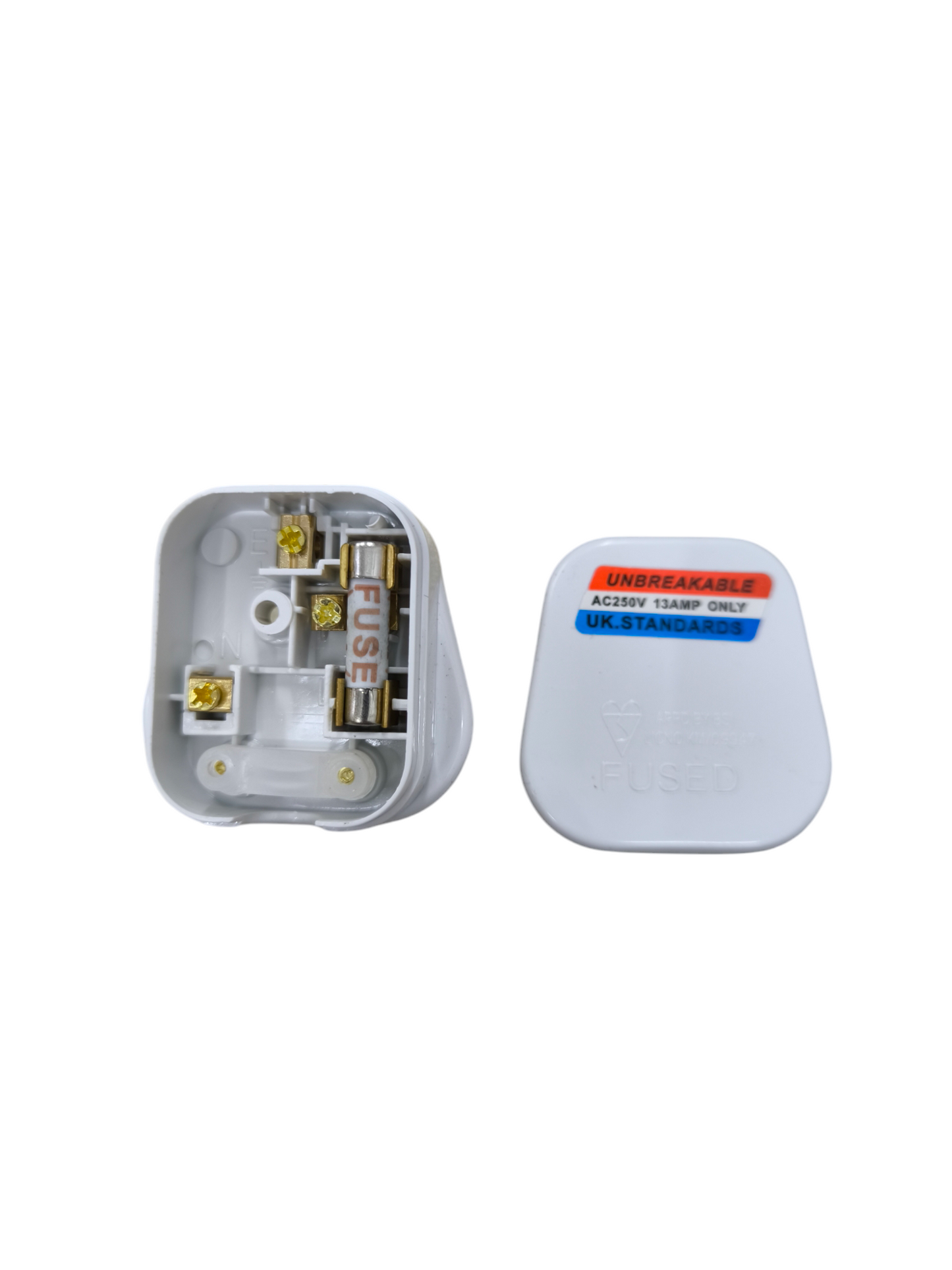 Type G UK plug with fuse showing internal wiring and detachable cover for safety