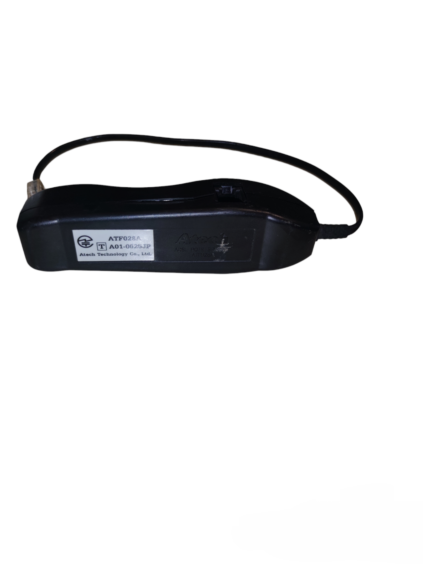 Black inline ADSL splitter for telephone and internet. Compact phone line filter with short cord