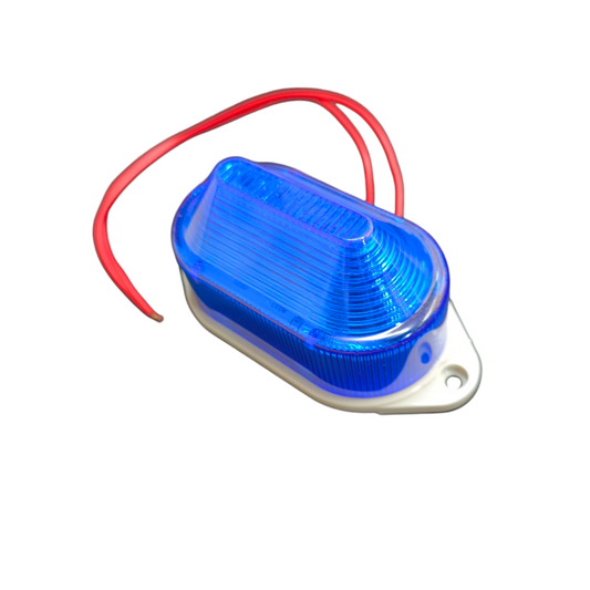 Denko Blue LED Warning Light 24V DC oval surface mount with white base and red wiring for safety
