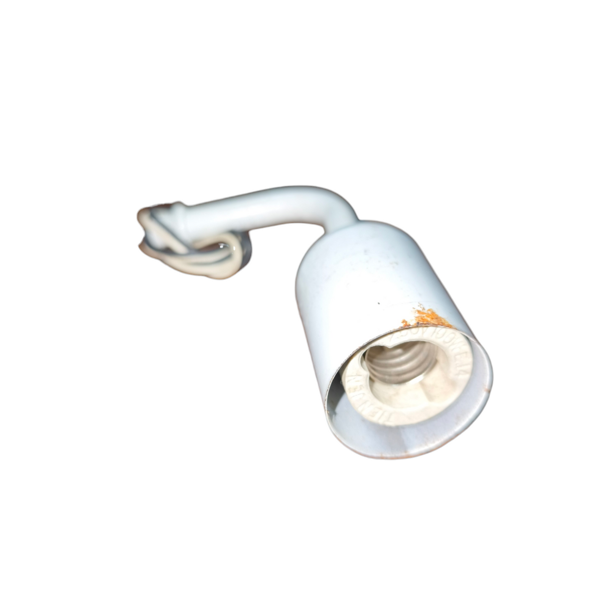 White E14 porcelain socket with wire lamp holder from China showing curved arm and light rust
