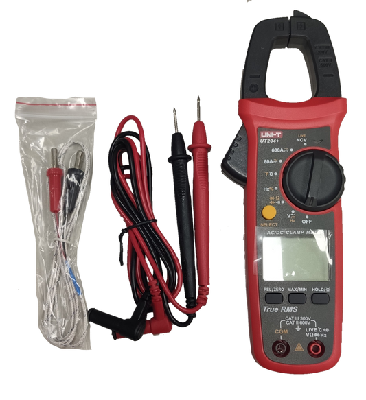 UNI-T Digital Clamp Multimeter with red and black test leads and temperature probe for electrical testing