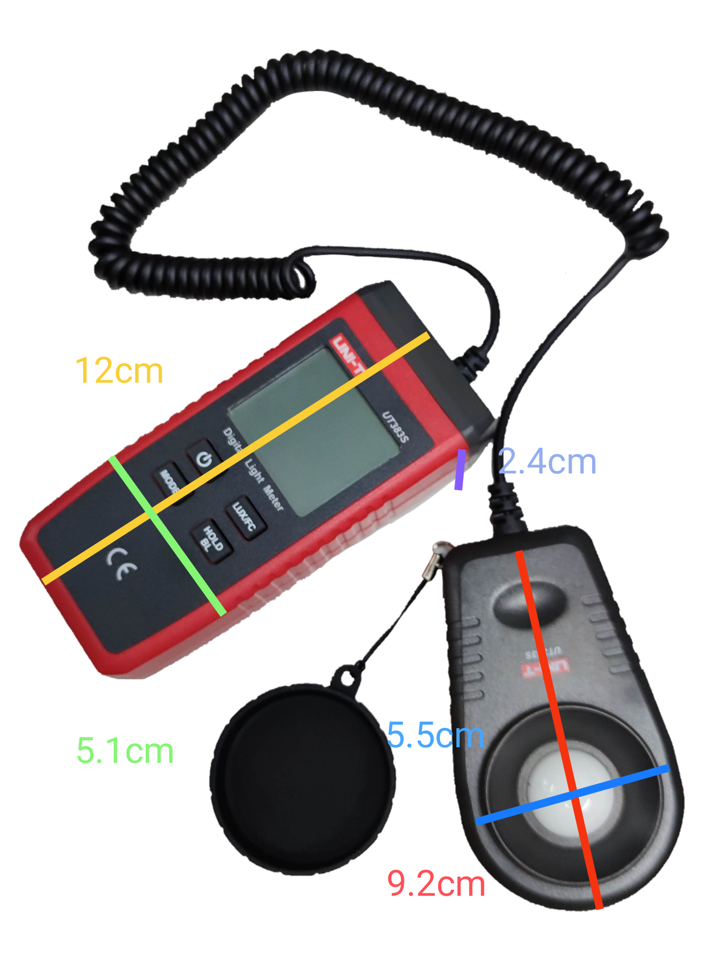 UNI-T Digital Light Meter UT383S with connected light sensor and protective cover for electrical testing