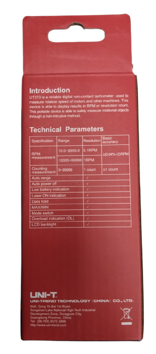 UNI-T Mini Non Contact Tachometer UT373 packaging showing technical parameters and product introduction