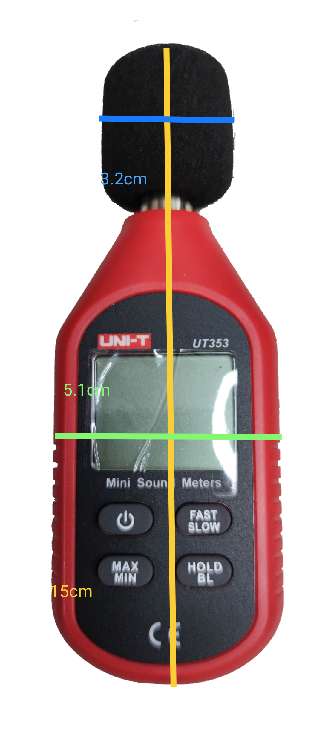 UNI-T Decibel Meter Reading UT353 in red with digital display and control buttons