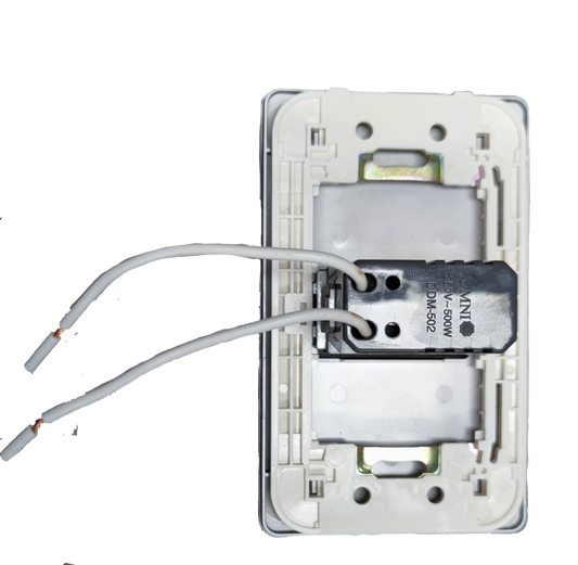 Omni 1 Gang 500W Dimmer Switch 220V back view showing white wires and mounting plate
