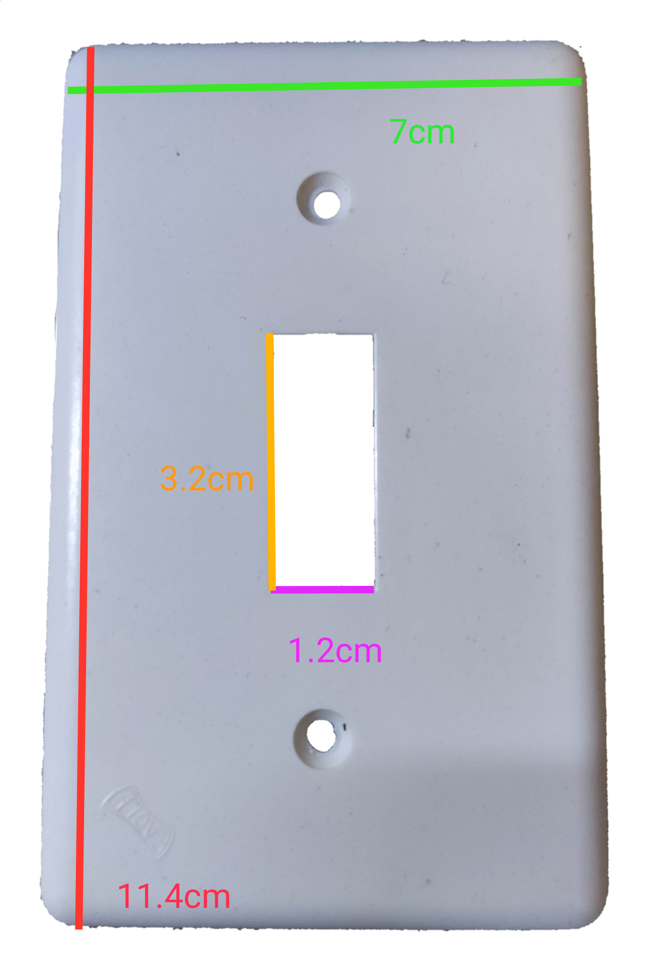 White plastic Eagle 1 Gang Device Plate Cover Vertical with rectangular switch slot two screw holes and dimensions marked