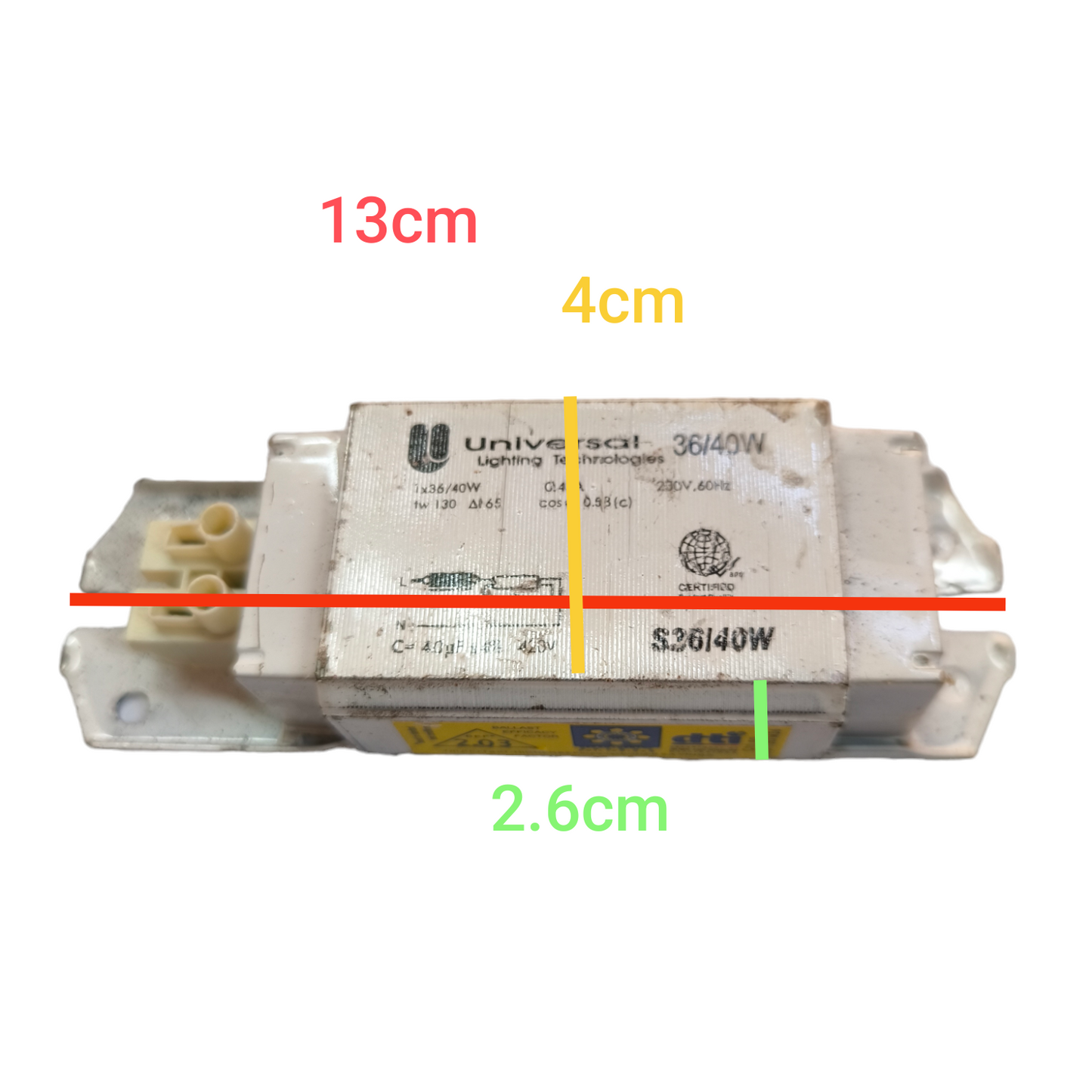 Universal 36W Magnetic Ballast 220V electrical component with metal casing and terminal connectors