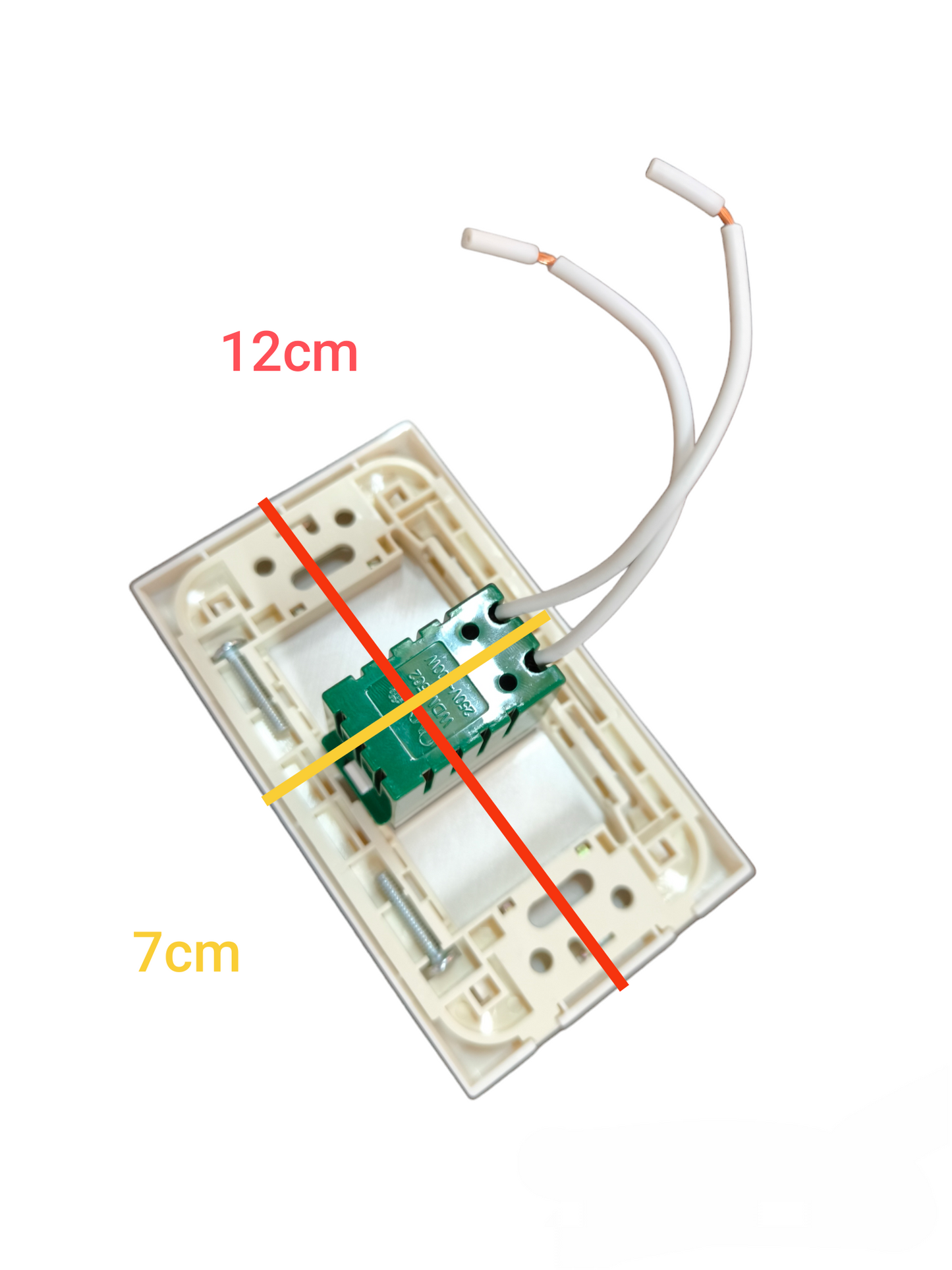 Omni 500W Dimmer Switch with Plate Cover. White rectangular wall plate with green dimmer module and wiring