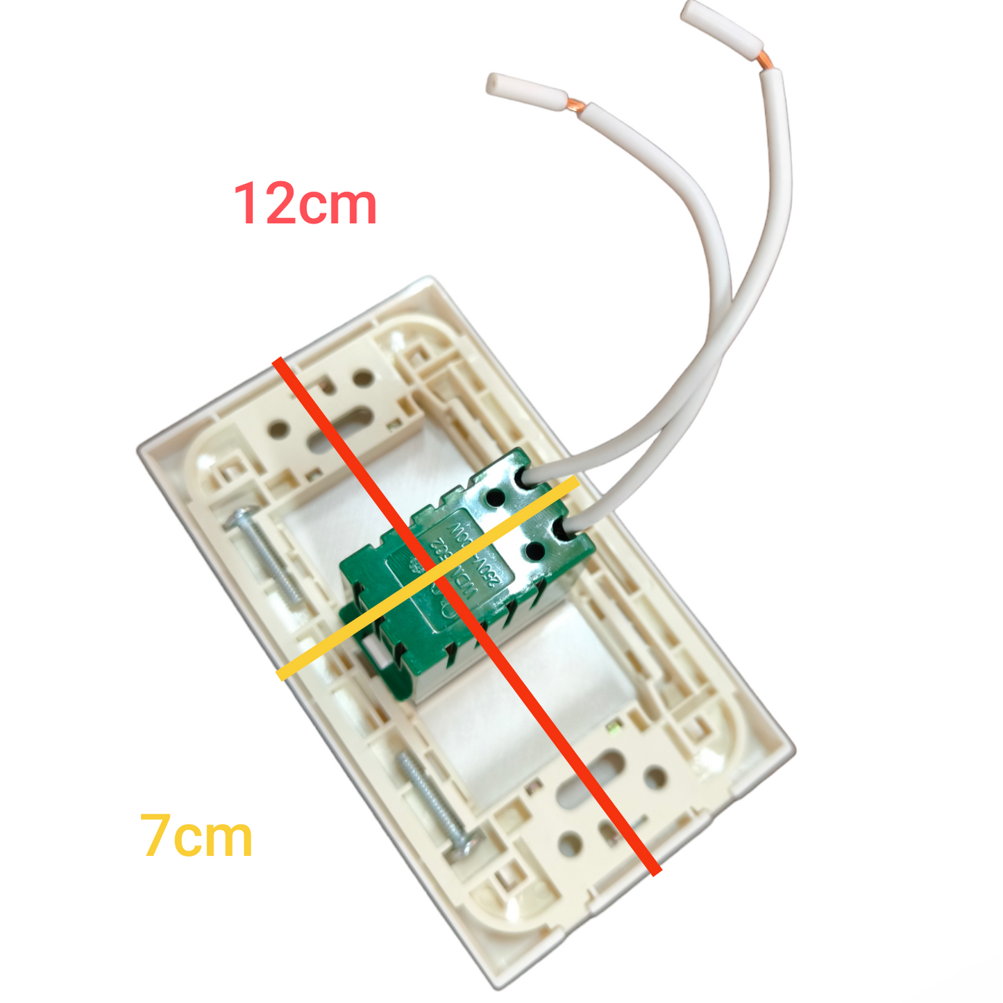 Omni 500W Dimmer Switch with Plate Cover. White rectangular wall plate with green dimmer module and wiring