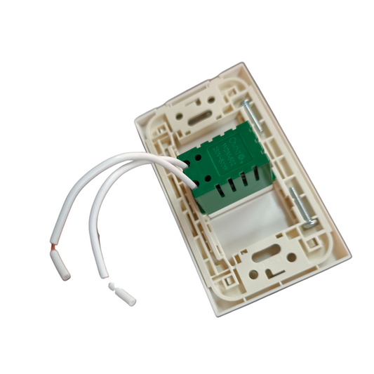 Omni 500W Dimmer Switch with Plate Cover. White wall plate with green dimmer module and two stripped wires