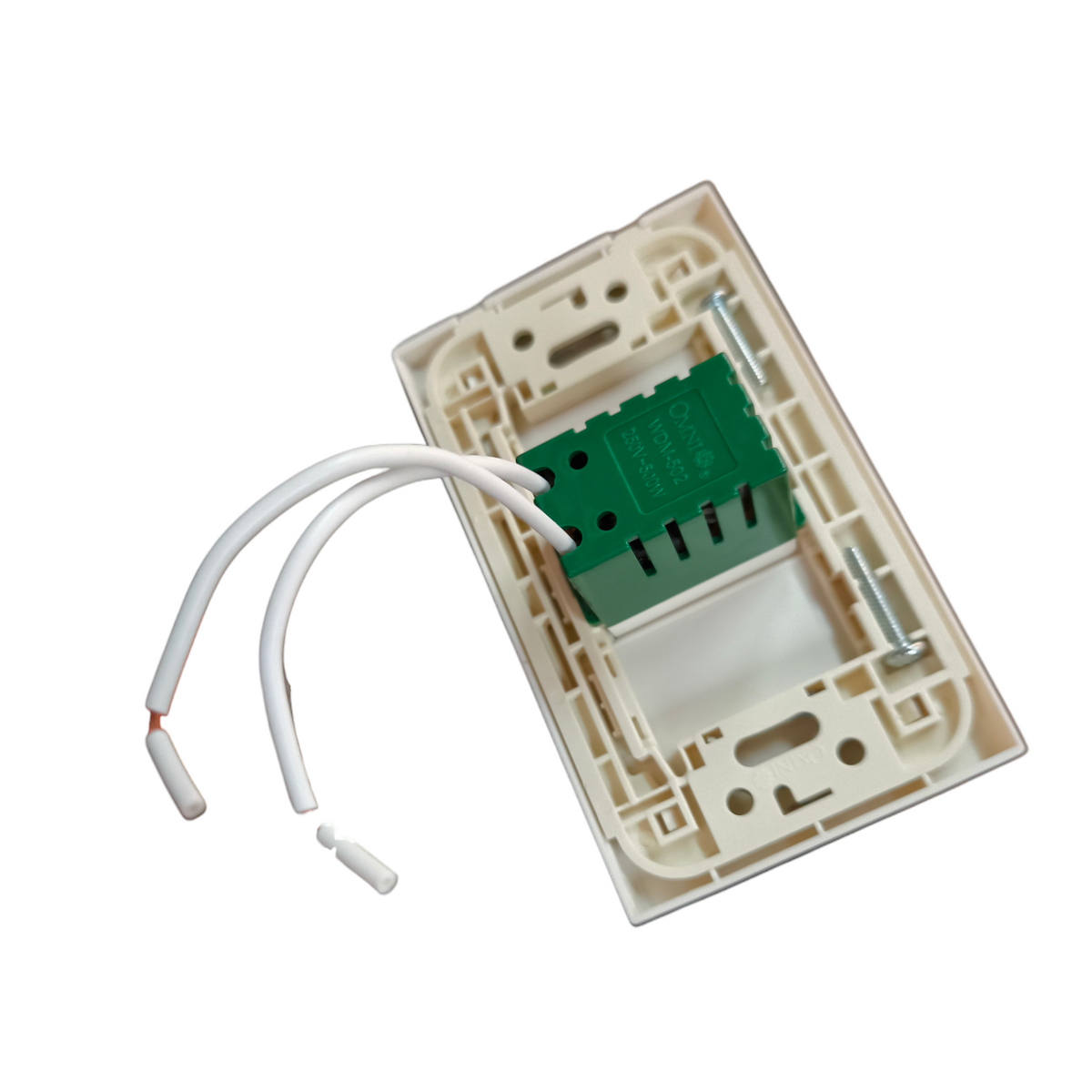 Omni 500W Dimmer Switch with Plate Cover. White wall plate with green dimmer module and two stripped wires