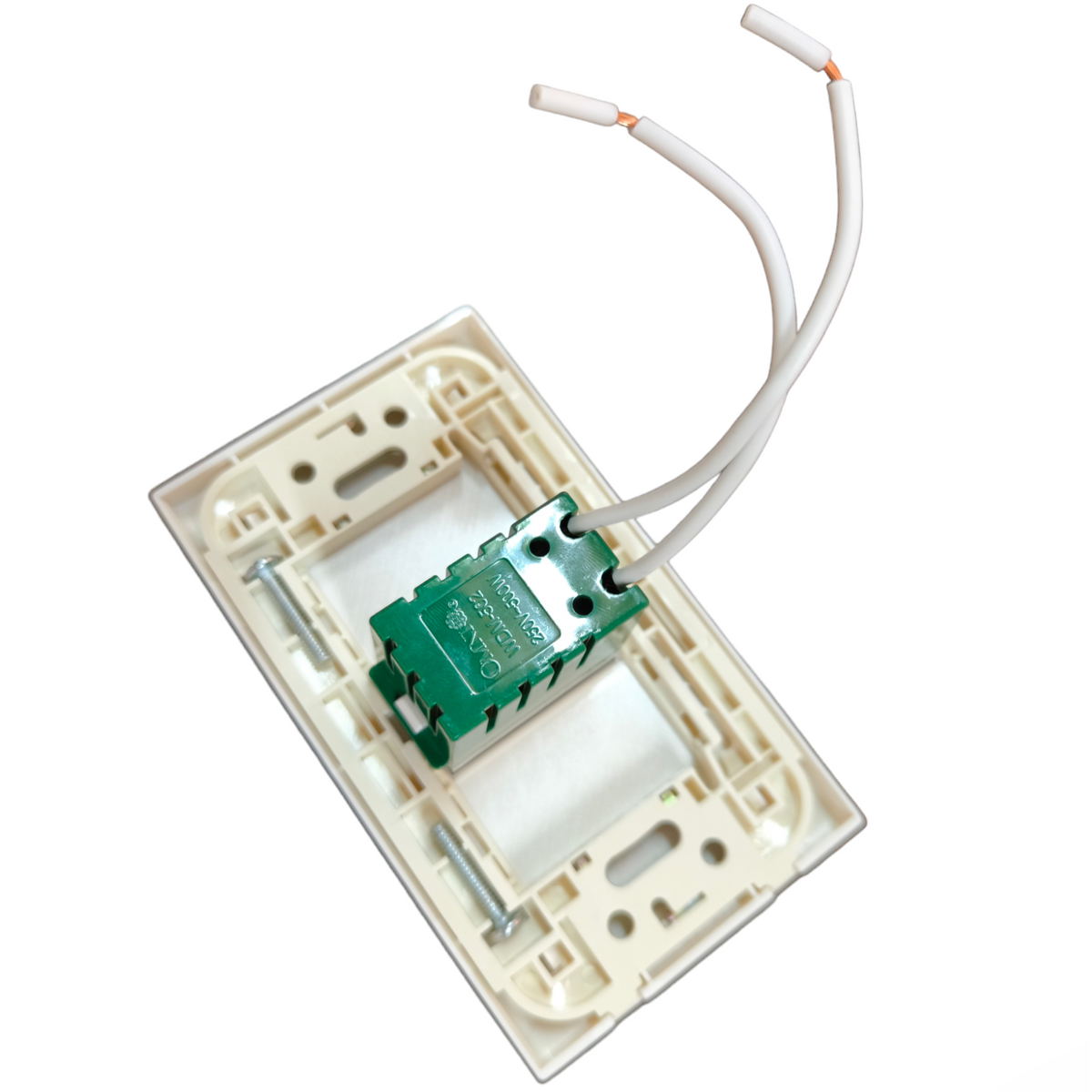 Omni 500W Dimmer Switch with Plate Cover white wall plate showing green module and three wires