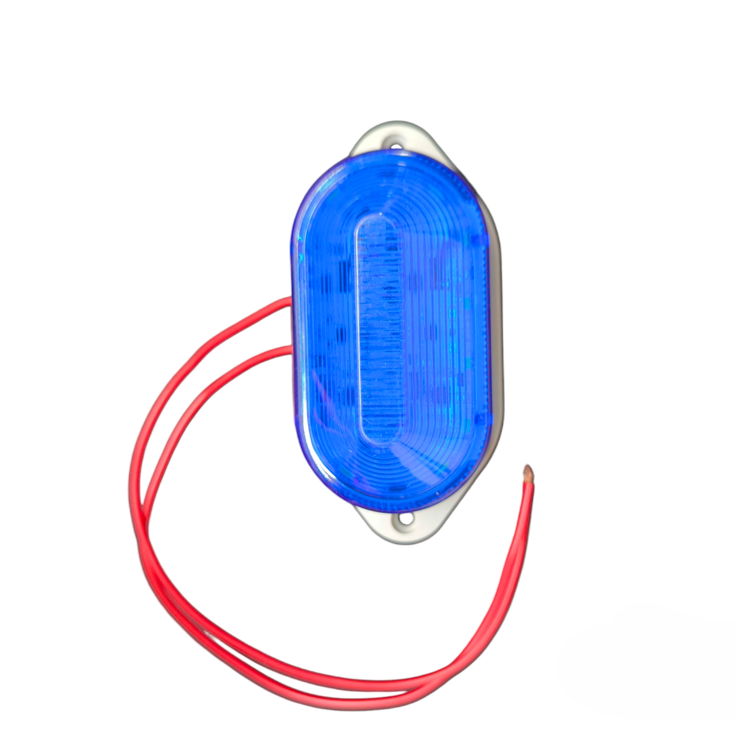 Denko Blue LED Warning Light 12V DC oval surface mount with red wires and dual mounting tabs