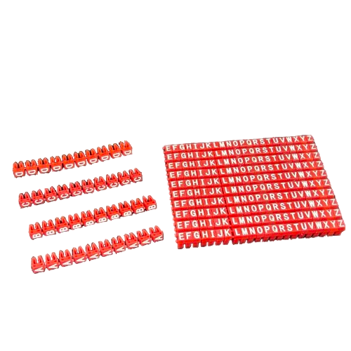 Grippes red Cable Marker Clip On Type A-Z strips with white letters in rows for cable organization and labeling