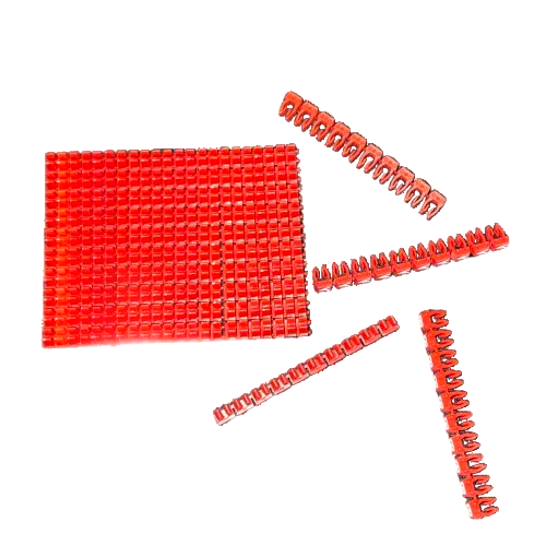 Grippes red Cable Marker Clip On Type A-Z set shown in grid and strips for organized cable labeling