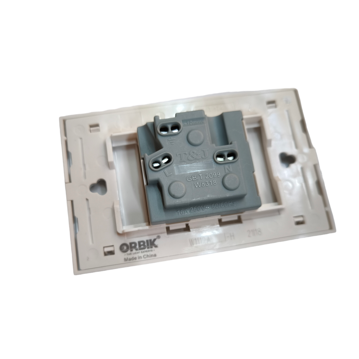 T&J 1 Gang Universal Outlet 16A 250V installed on white mounting plate for power points switches and plugs
