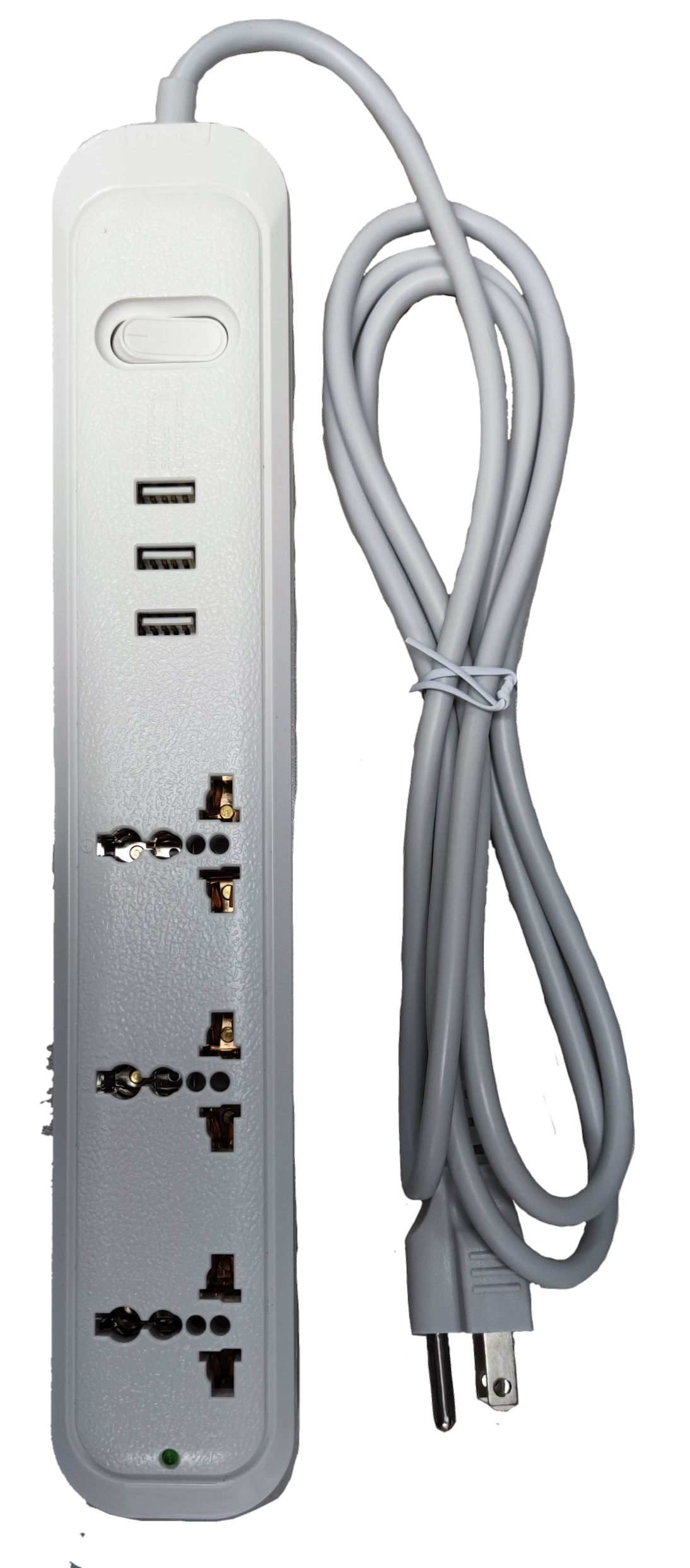 Omni universal outlet power strip with USB ports and long white cord for multiple device connections