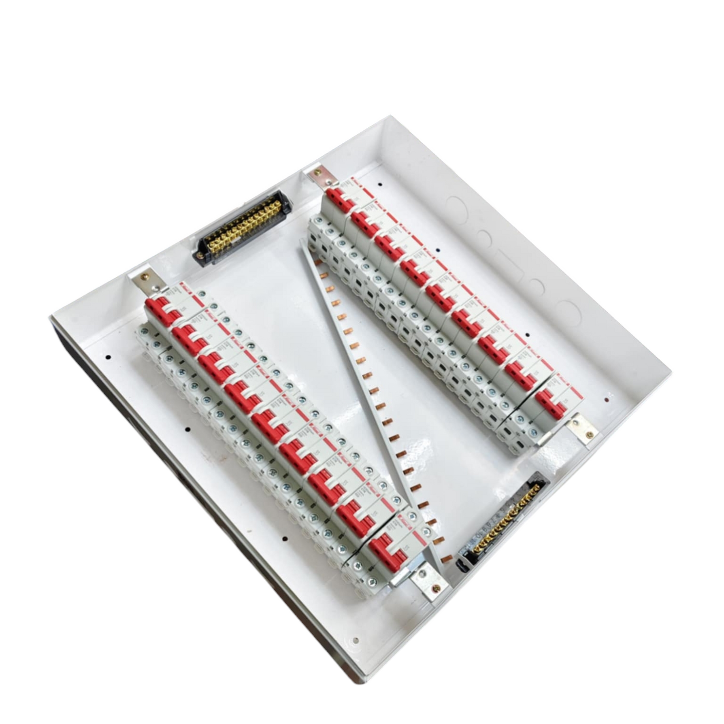 Metal panel with dual rows of red toggles and busbars for Koten Himel ZY panel board 50A 2 pole miniature circuit breaker