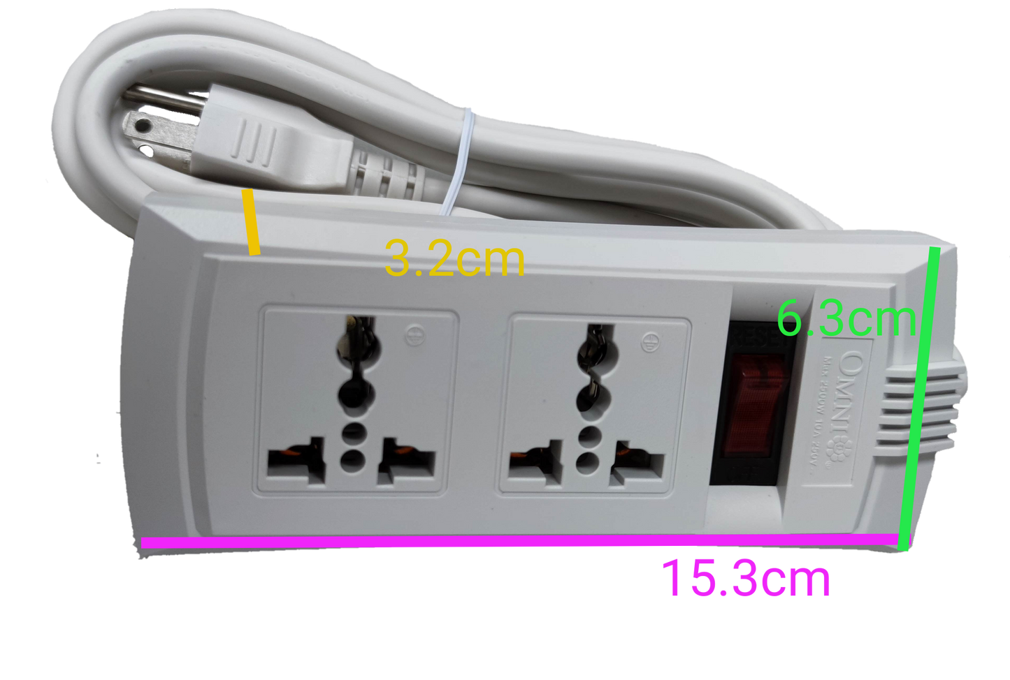 Omni universal power strip with single switch featuring two universal sockets and a white power cord