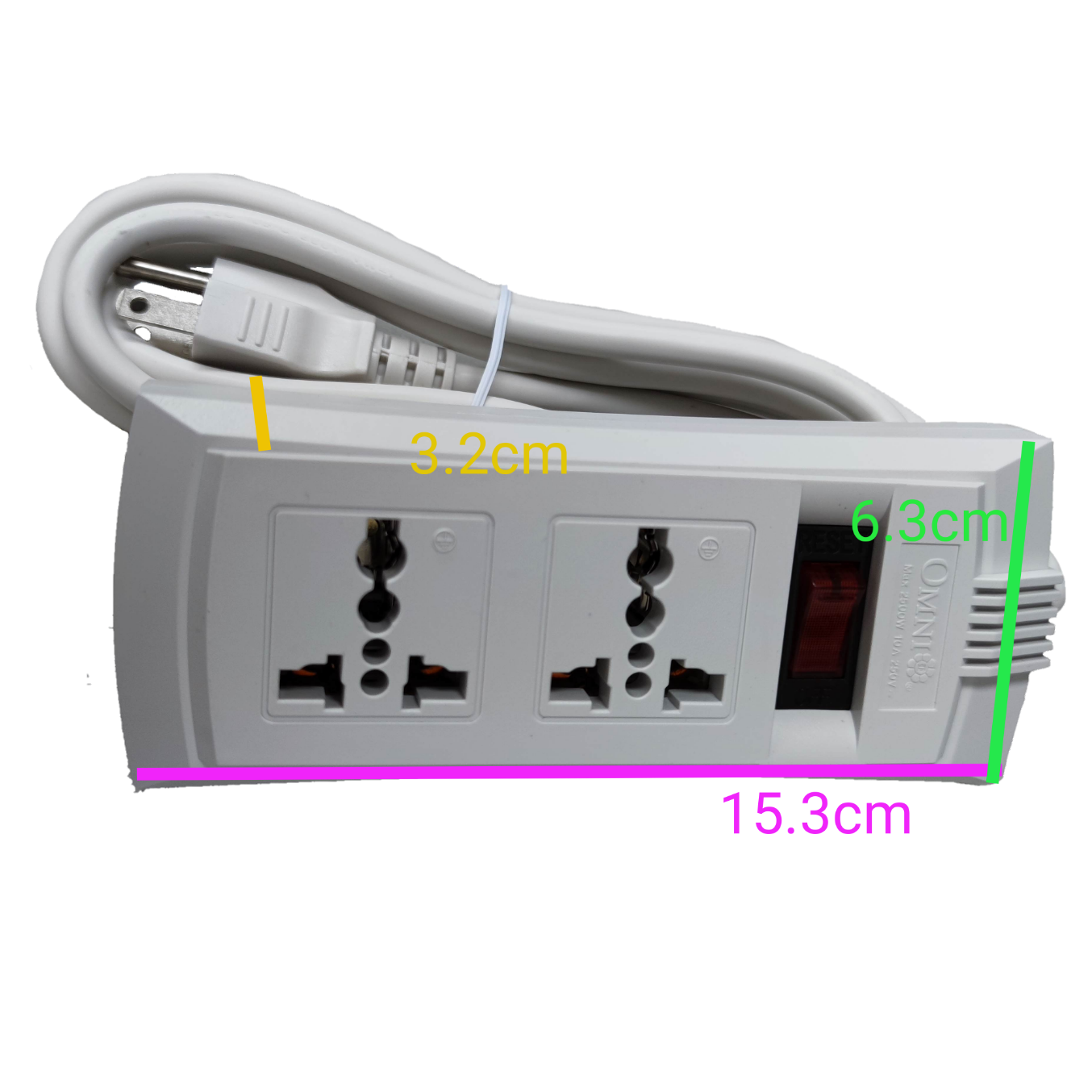 Omni universal power strip with single switch featuring two universal sockets and a white power cord