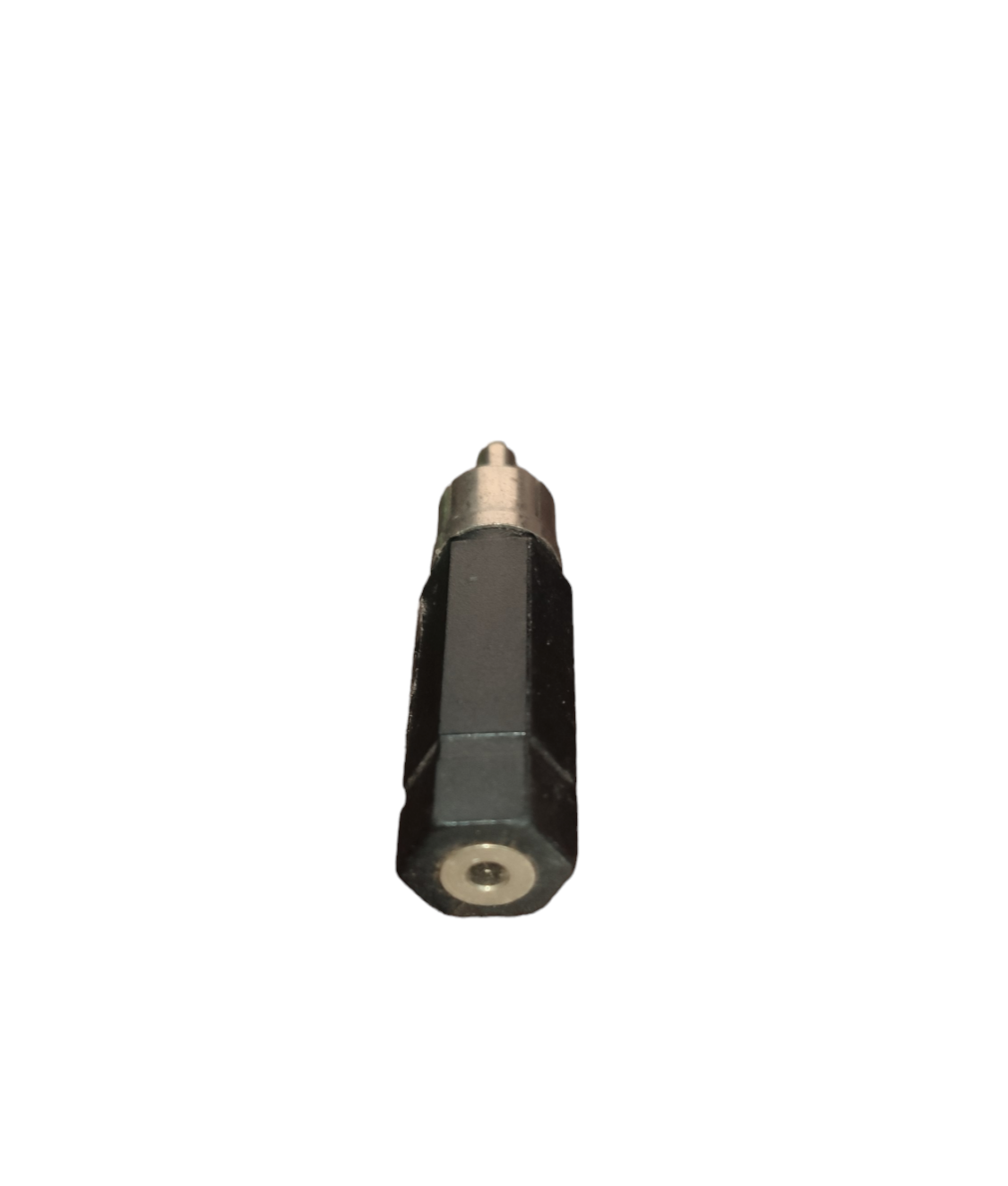 Black microphone accessory RCA plug to mono adapter with compact plastic body for studio and live sound