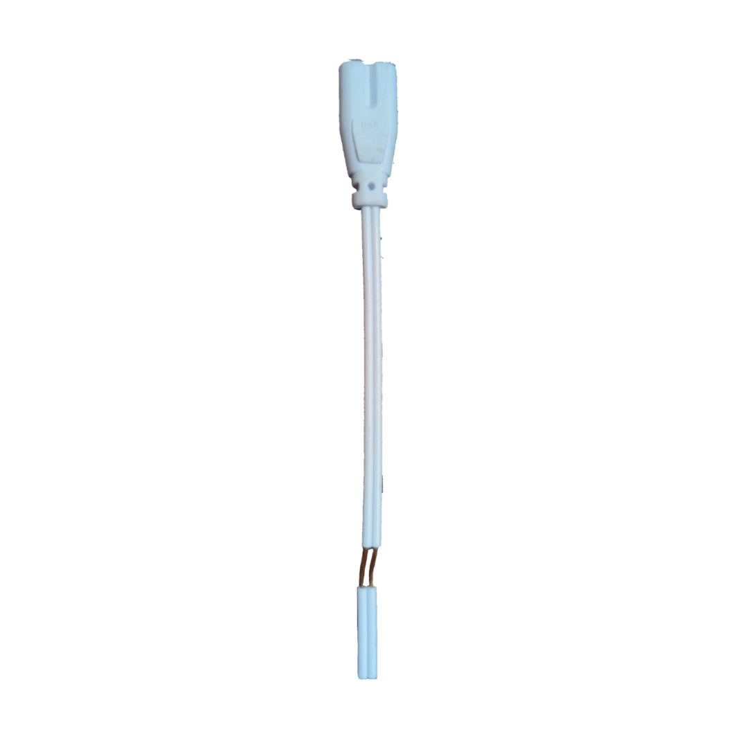 White T-5 AC Connector 2 Pins with short twin white wires and exposed stripped ends for LED lighting