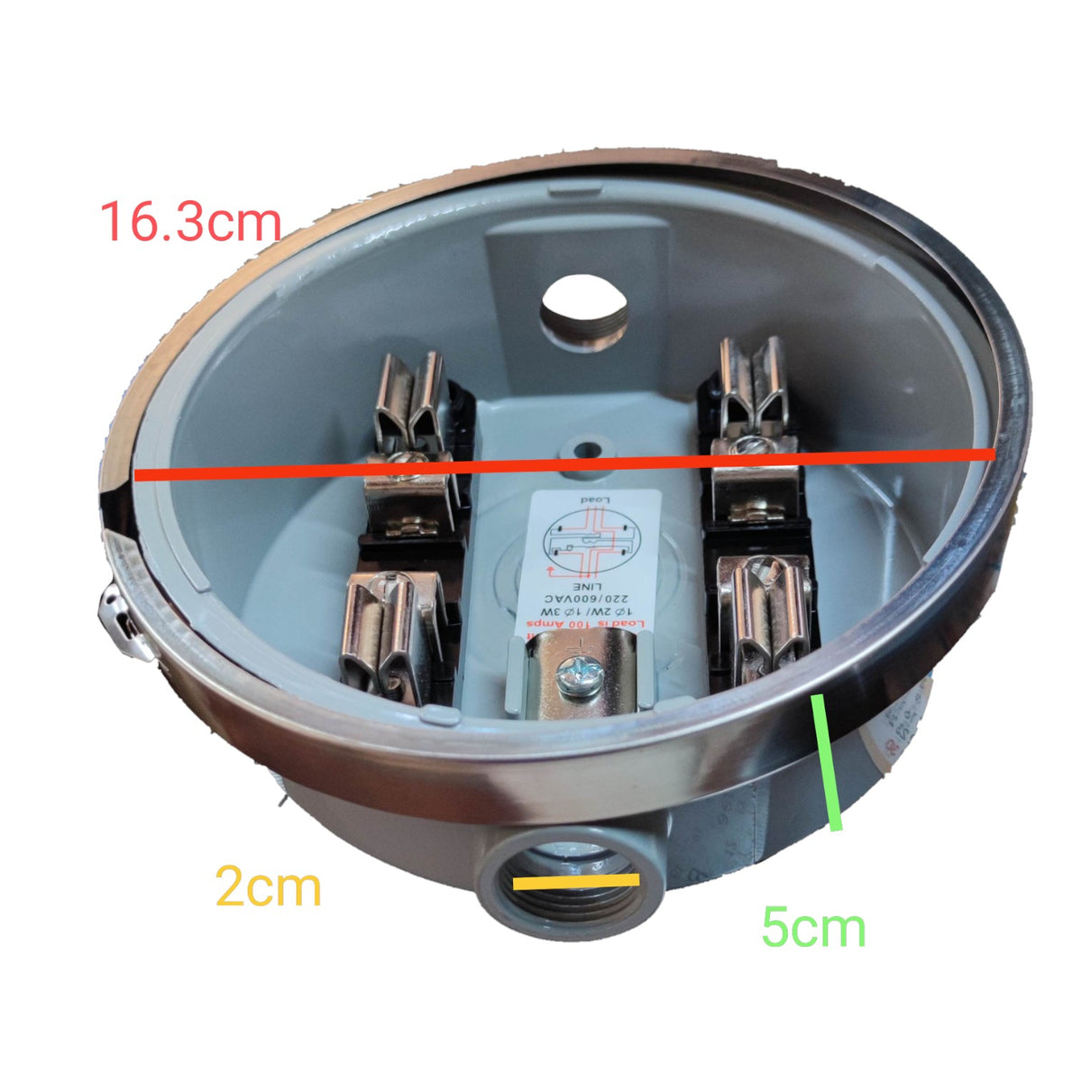 Electrical junction box with measurements indicated on a white USA Round Meter Base 3/4 Inches Hub for KWH Electrical Meter 100A 220Vbackground
