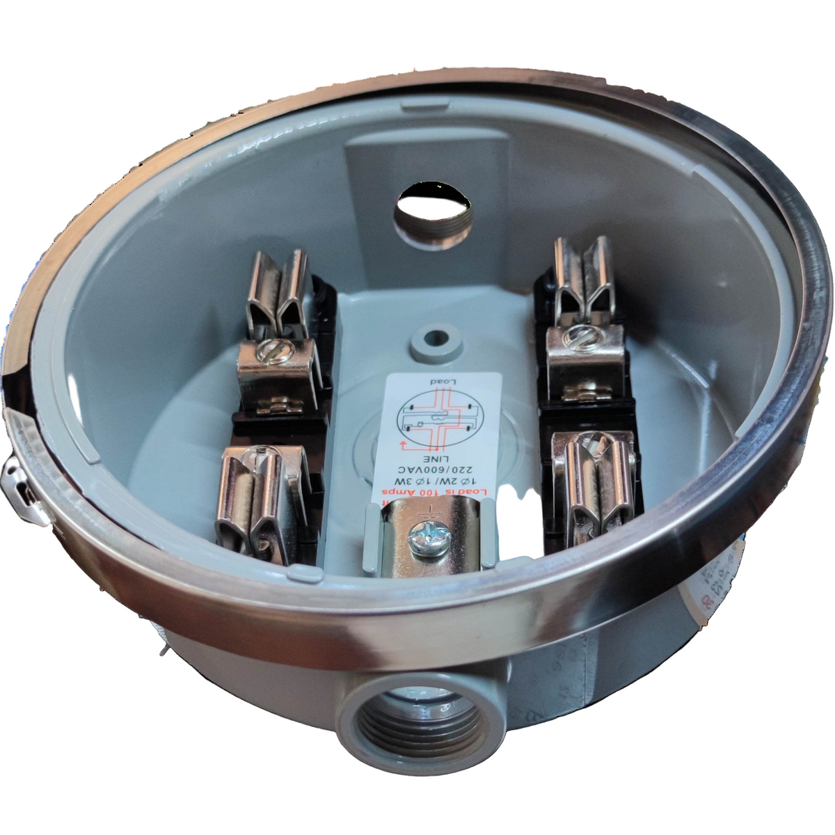 USA Round Meter Base electrical component with metal connectors for secure wiring in electrical circuitry
