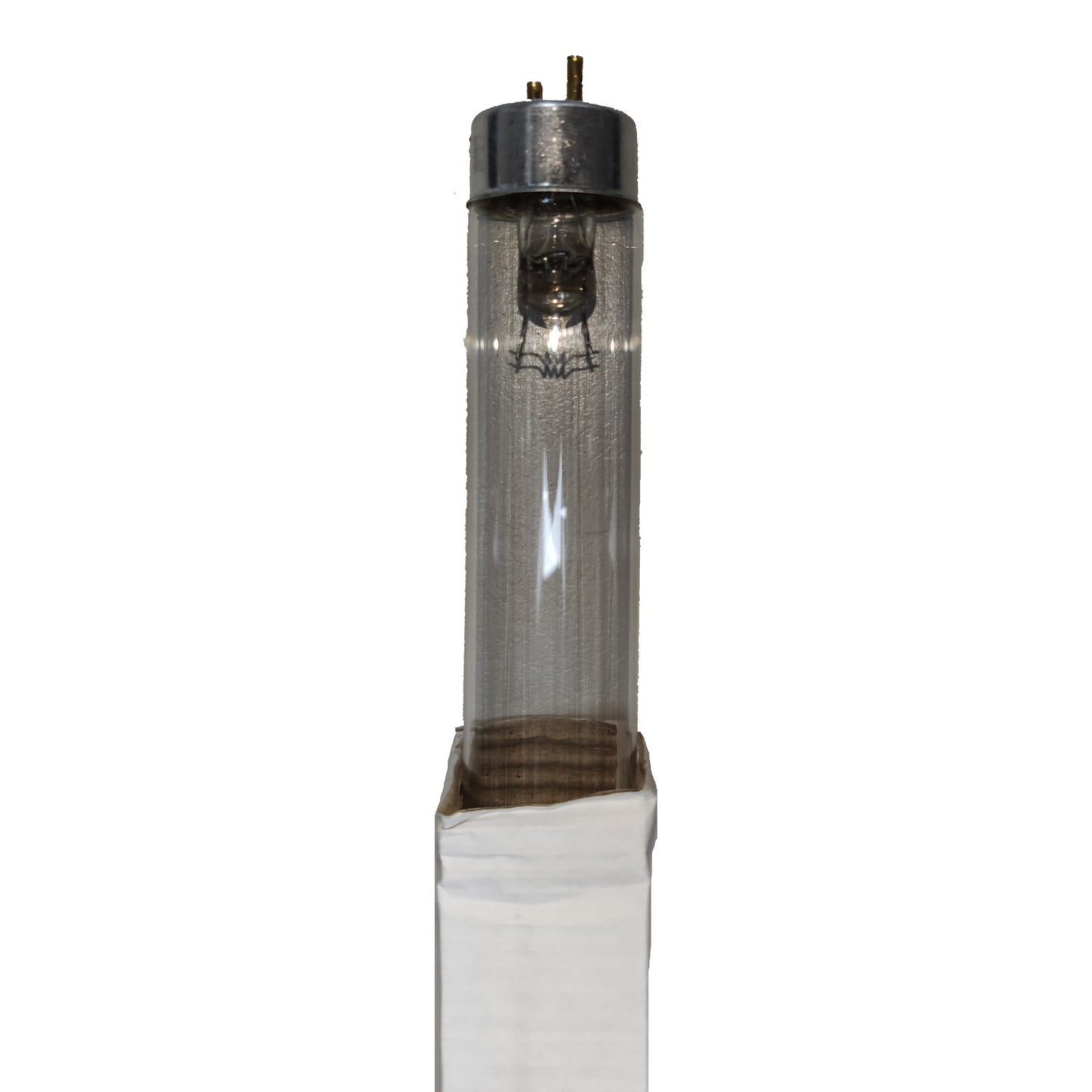 Tall cylindrical light bulb with a white base on a white background