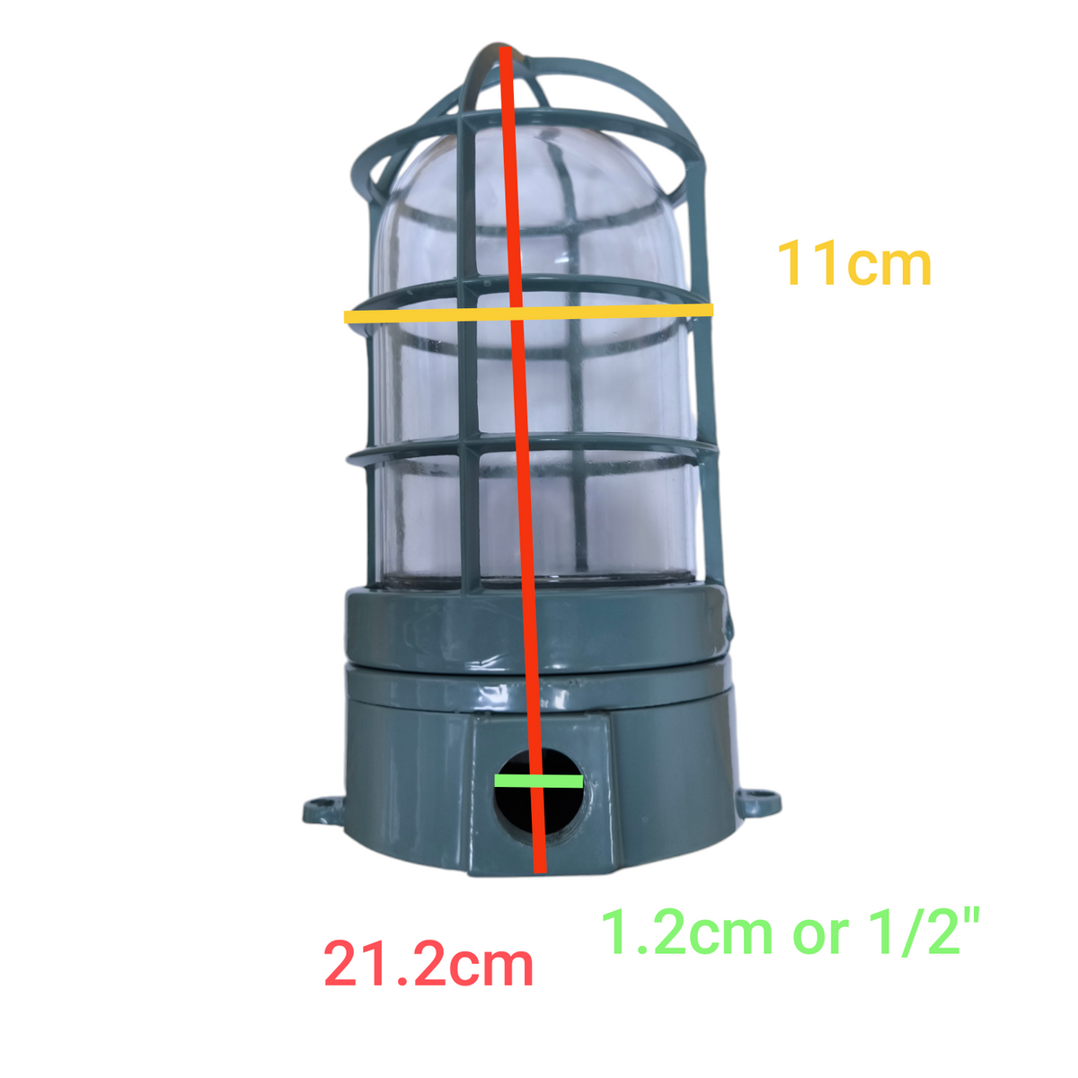 VPL Vapor Lamp E27 with Glass Cover and protective metal cage with detailed measurements