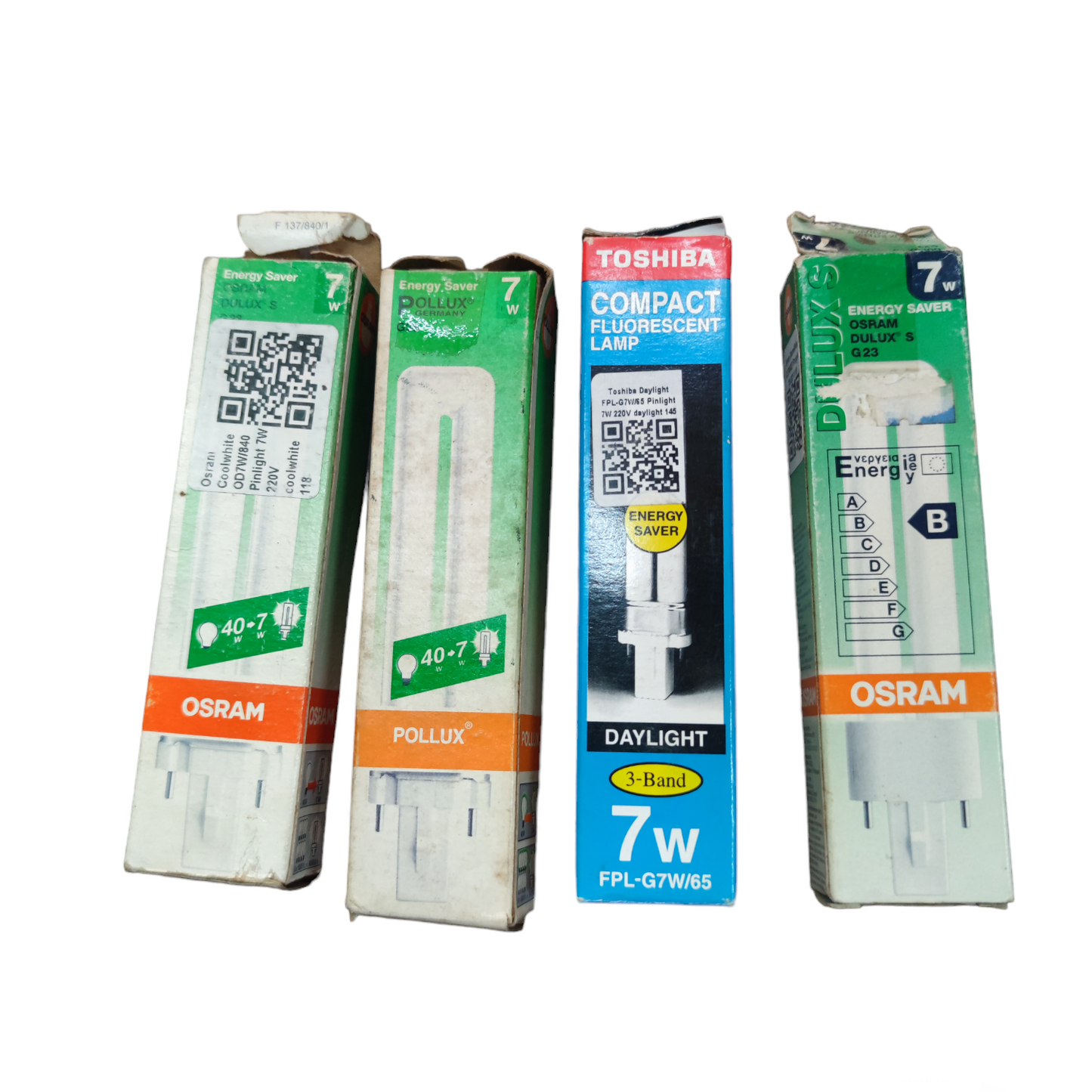 Pollux G23 Pin Base CFL Bulb 7W compact fluorescent tubes in original packaging with energy saver labels