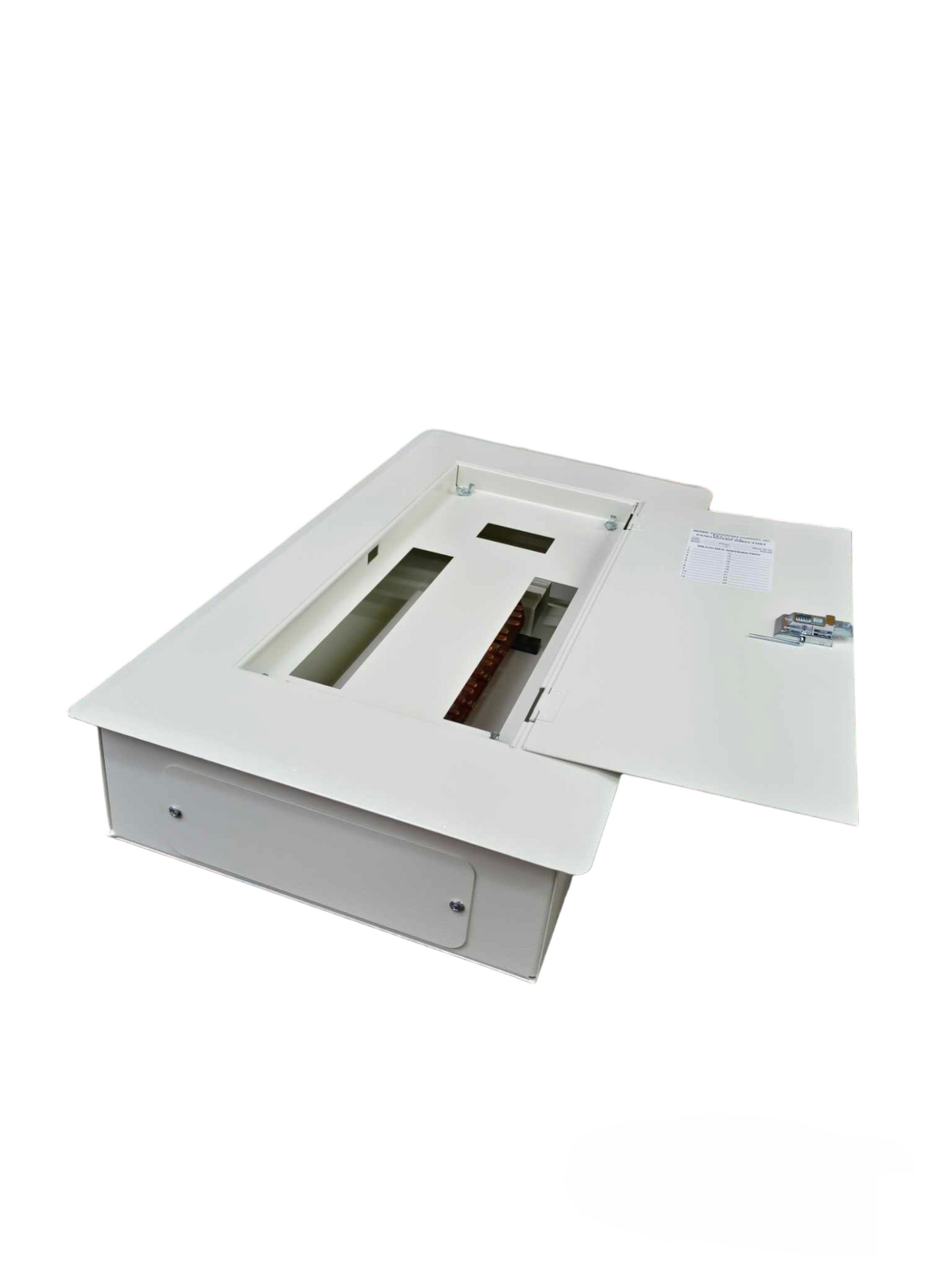 Himel and Koten 100A 3 phase panel board with white metal enclosure and open door