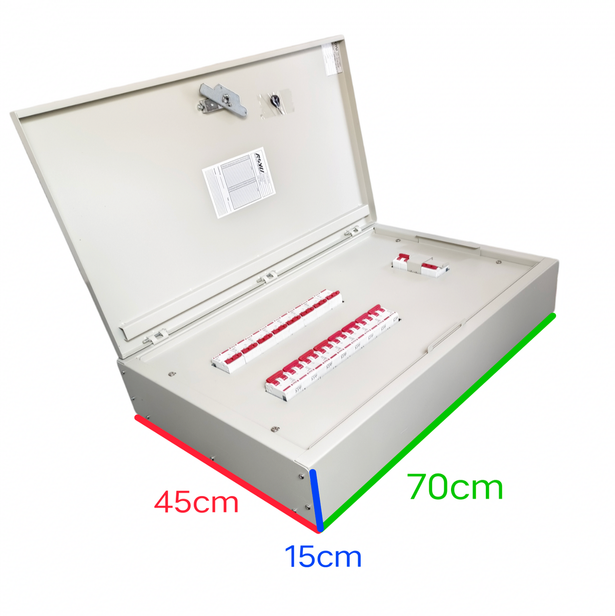 Himel 16 Branches 2pole Circuit Breaker metal enclosure box with open lid and labeled circuit breakers