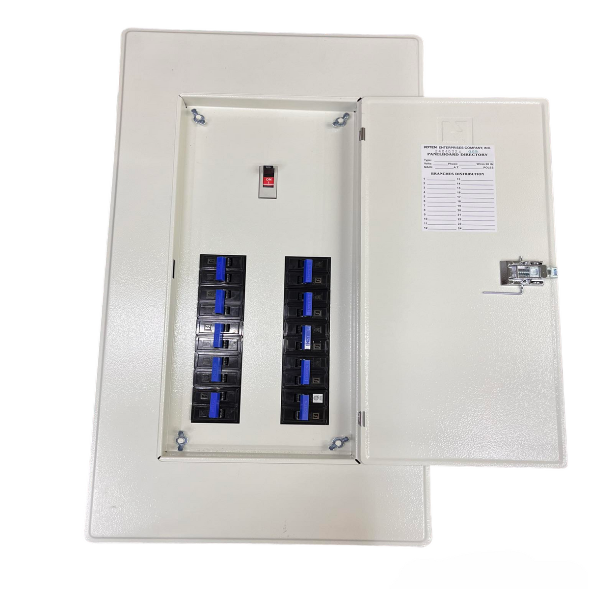 Koten 200A 2Pole Main 250SPS and 10 Branches electrical circuit breaker panel with open white metal door