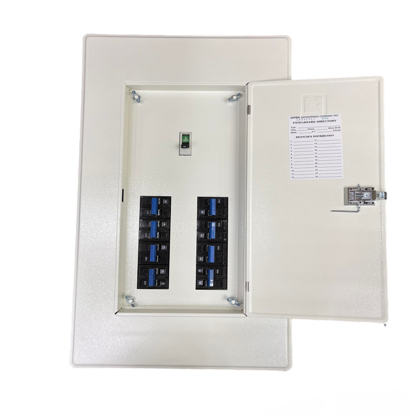 Koten and Taiyou 200A panel board with circuit breakers open metal enclosure for power distribution