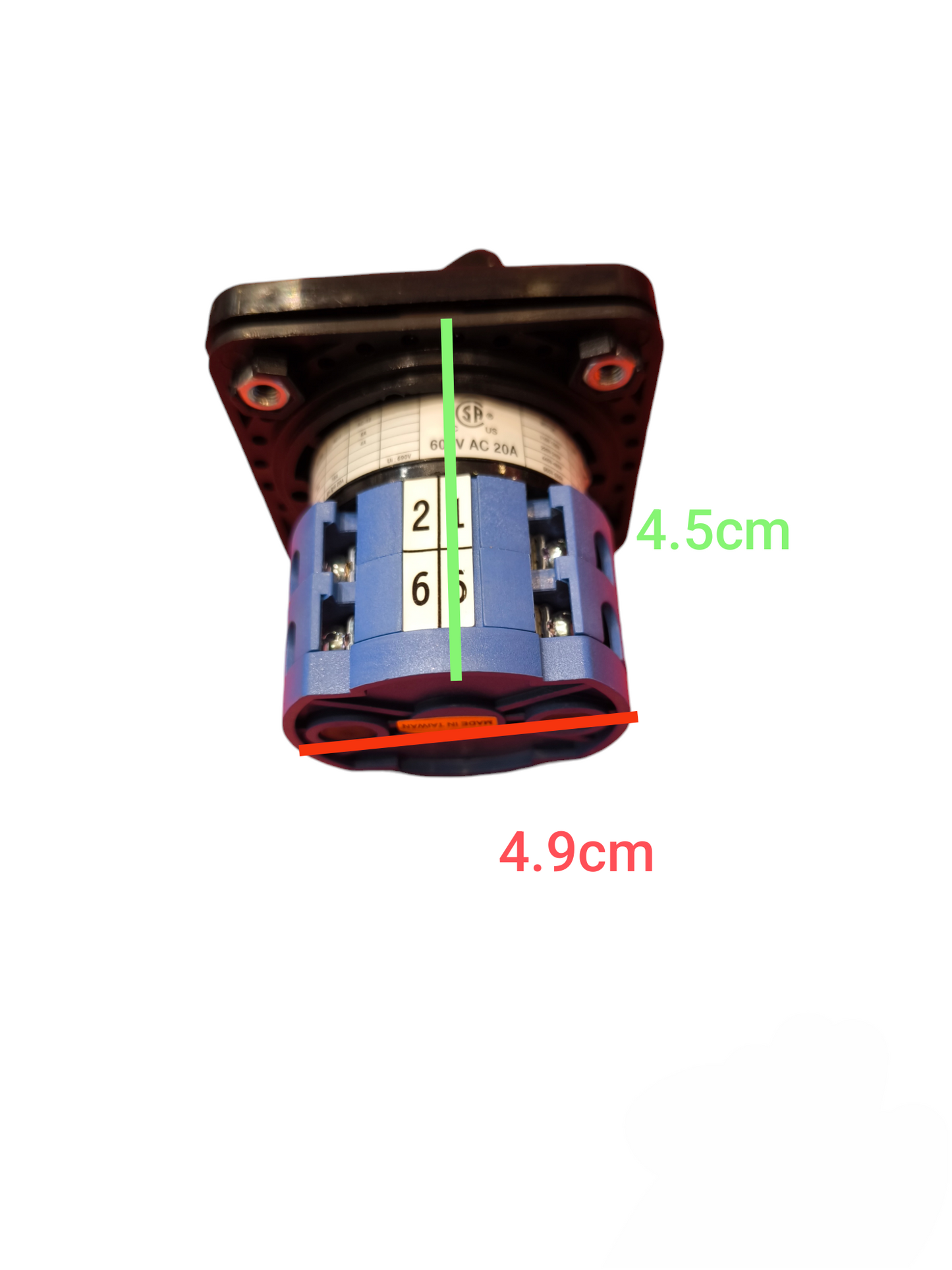 Auspicious 20A 4 pole cam switch with blue body and black mounting plate showing dimensions